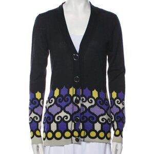 Tory Burch Wool Cardigan Purple Yellow Off-White Black Print Sweater XS